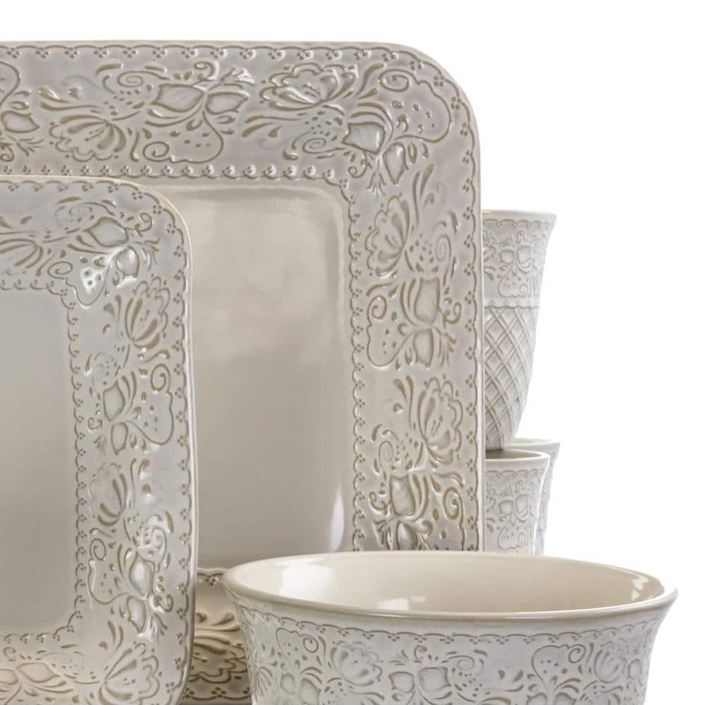 Ivory Floral Ceramic Square Dinnerware Set, Service for 4