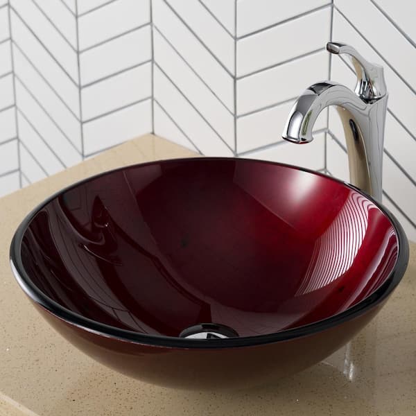 KRAUS Multi-Color 16.5 in. Round Vessel Bathroom Sink in Red Glass