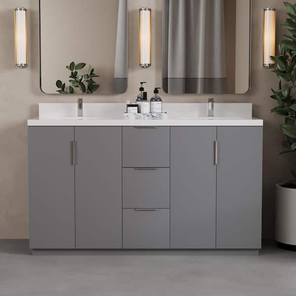 Bergen 63in. Double Sink, Gray Bath Vanity with White Engineered Stone Top.