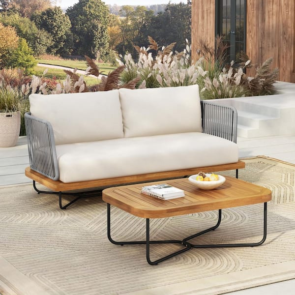 CHRISTOPHER KNIGHT HOME Elijah Teak Wood and Grey Rope Woven Outdoor Patio Loveseat and Table Set with Beige Cushions, Metal Legs