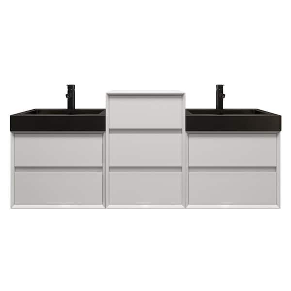 MIA 67 in. W x 20 in. D x 30 in. H Double Sink Middle Cabinet Bath Vanity in Gloss White with Black Stainless Steel Top