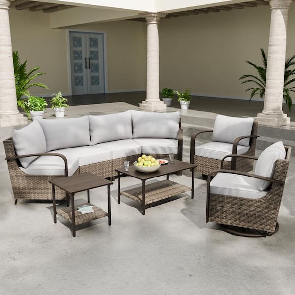 8-Piece Wicker Patio Conversation Sectional Seating Set with Swivel Rocking Chair, Beige Cushions