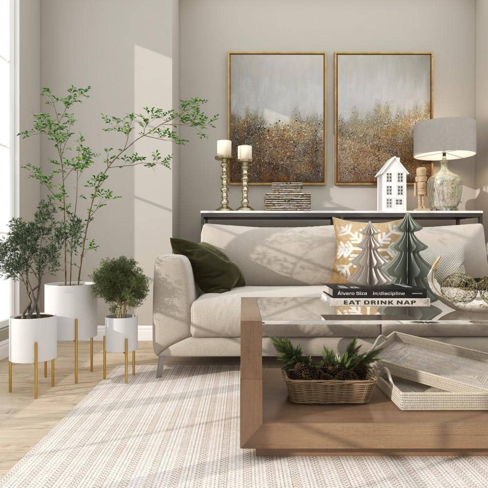 White and Gold Metal Cylinder Floor Planter Set of 3