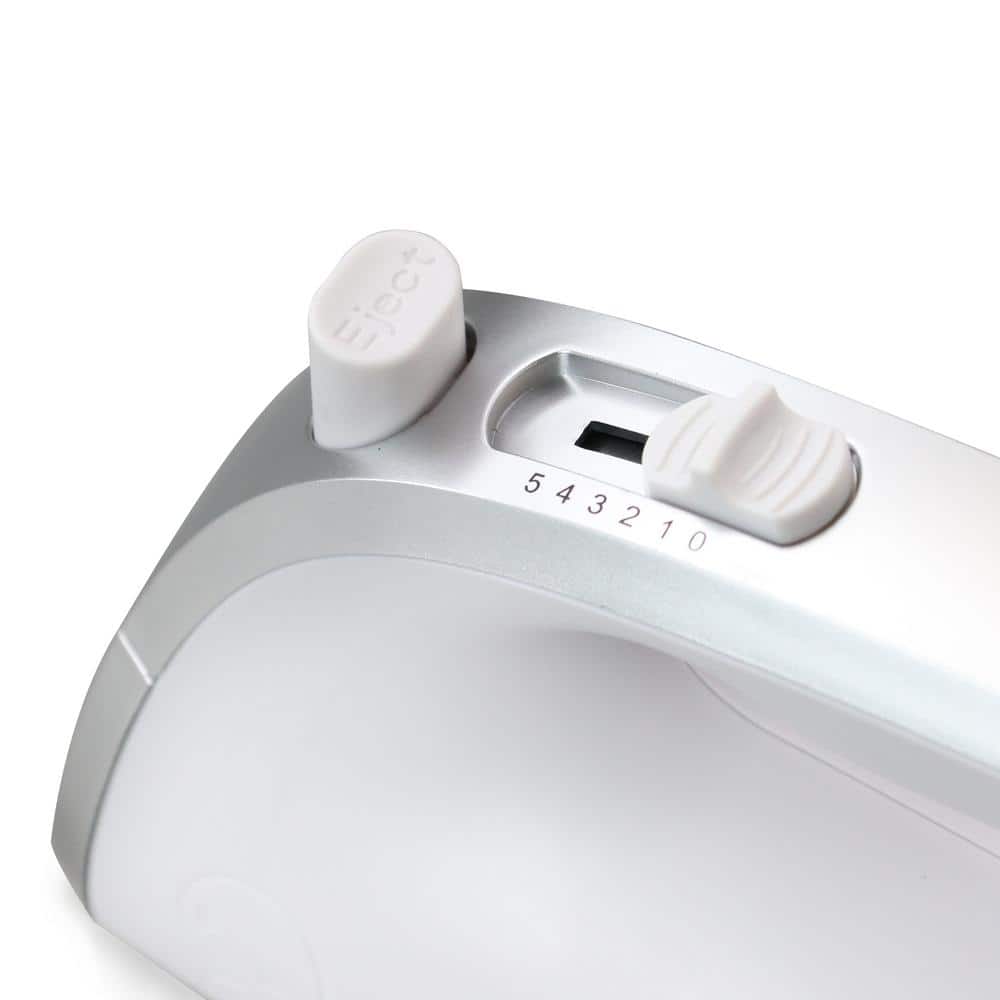 White and Silver 5-Speed Metal Hand Mixer with Stainless Steel Beaters