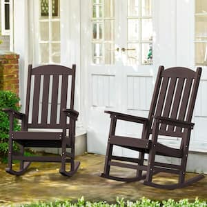 Brown Plastic Adirondack Outdoor Rocking Chair with High Back, Porch Rocker For Backyard (2-Pack)