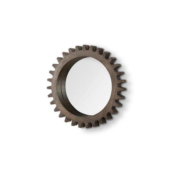 Medium Brown 26.0 in. W x 26.0 in. H Casual Round Wood Framed Mirror with Hooks