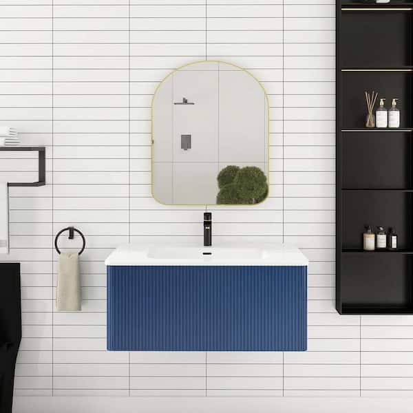 JimsMaison 30 in. W x 18.3 in. D x 15.6 in. H Single Sink Wall-Mounted Bath Vanity in Navy with White Ceramic Top