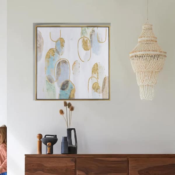 Benjara White, Green, Blue and Gold Wooden Framed Abstract Circles Wall Art Oil Painting