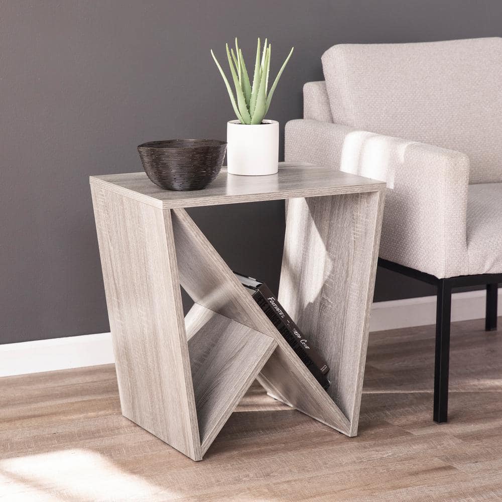 Southern Enterprises Relston Gray With Whitewashed Wood Grain Contemporary Geometric Side Table Hd434353 The Home Depot