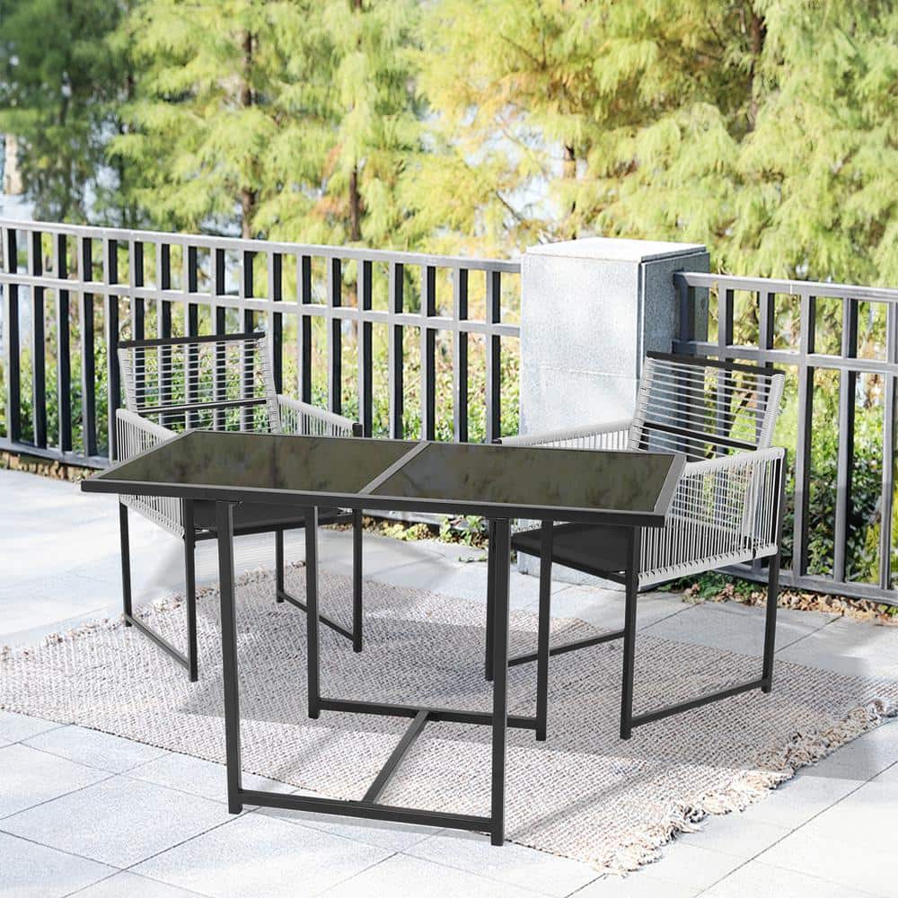Black 3-Piece Metal Rectangular Glass Tabletop Table Patio Outdoor Dining Set with Rattan Foldable Backrest Chairs