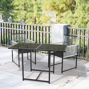 Black 3-Piece Metal Rectangular Glass Tabletop Table Patio Outdoor Dining Set with Rattan Foldable Backrest Chairs