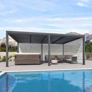 12 ft. x 20 ft. Gray Aluminum Frame Louvered Pergola with Adjustable Sunshade Roof and 1-Long 1-Short Side Roller Shades