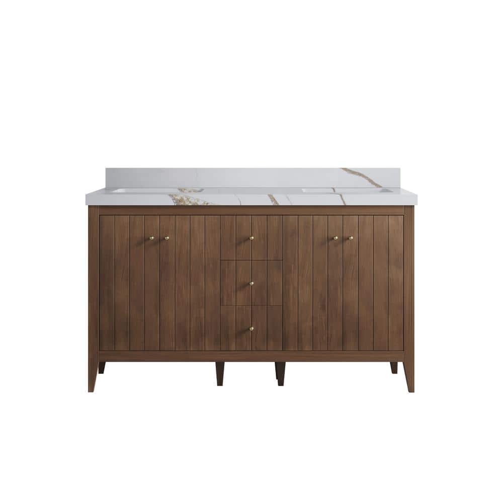 Atlanta Teak Double Bathroom Vanity with Calacatta Gold Top