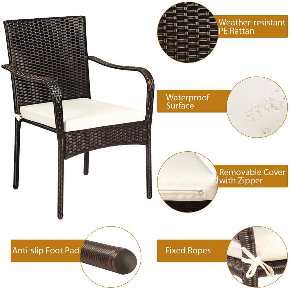 Set of 4 Brown Rattan Outdoor Dining Chairs with White Cushions