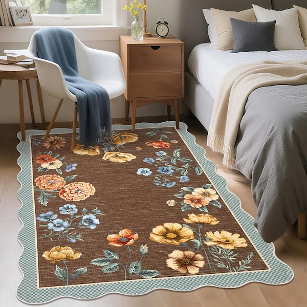 Coffee 8 ft. x 10 ft. Floral Scalloped Rug Low Pile Non-Slip Polyester for Living Rooms and Bedrooms