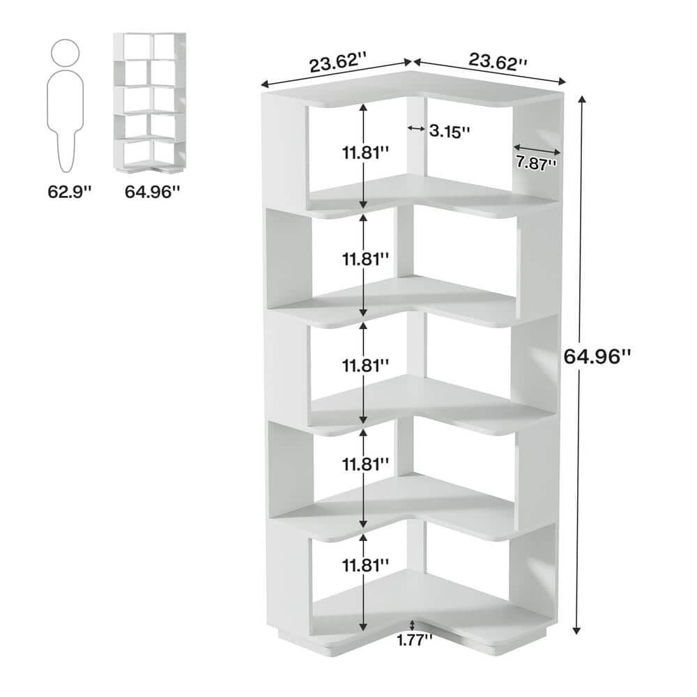 Silver Gray 65" Particle Board 6-Tier Corner Bookshelf with Anti-Drop Panel