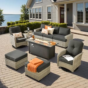 Kelleys 9-Piece Wicker Modern Outdoor Patio Fire Pit Conversation Sofa Set with Swivel Chairs and Black Cushions