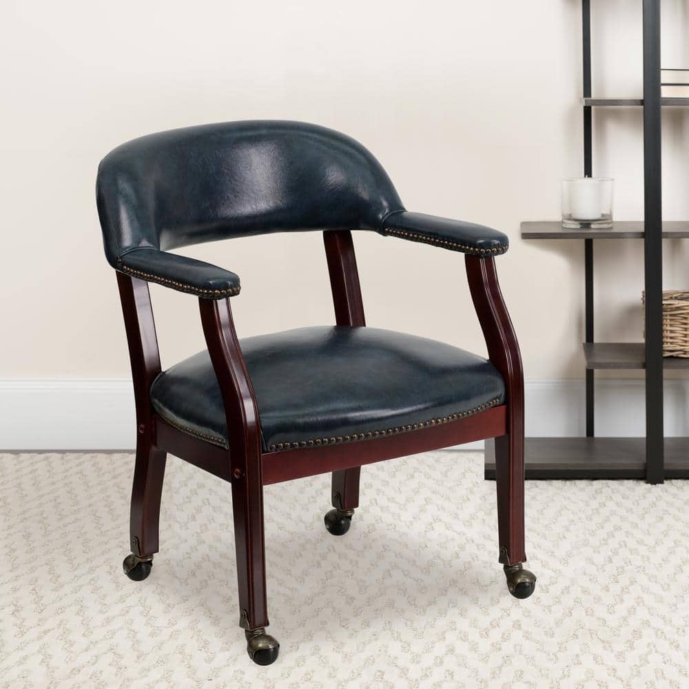 Navy Vinyl Captain's Conference Chair with Brass Casters and Mahogany Frame