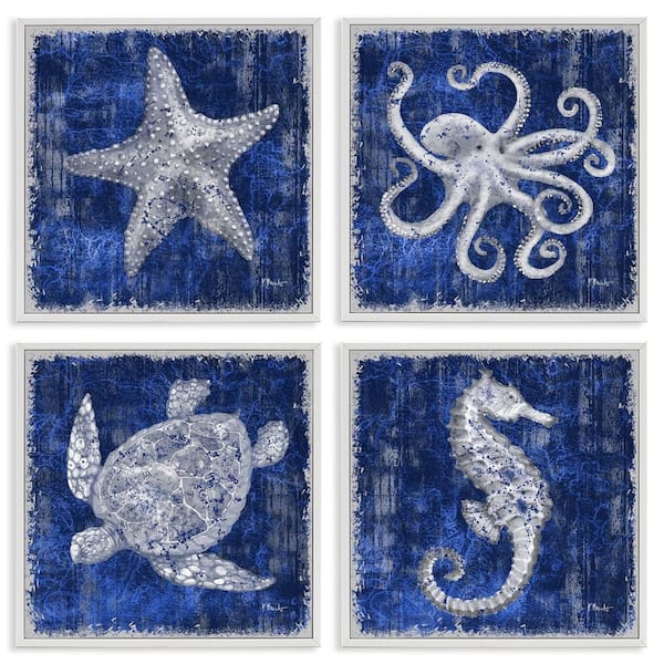 Sea Life on Abstract Blue by Paul Brent 4 Pieces White Framed Coastal Giclee Art Print 17 in. x 17 in.