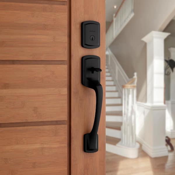 Prague Matte Black Single Cylinder Entry Door Handleset with Round Pismo Knob Featuring SmartKey Security