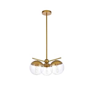 Timeless Home 21 in. 3-Light Brass and Clear Pendant Light, Bulbs Not Included