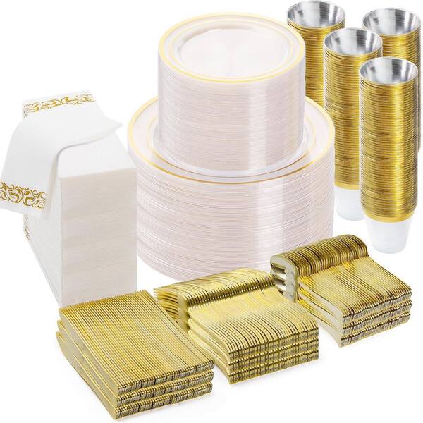 700-Piece Gold Plastic Dinnerware Set Service for 100, Disposable Plates for Party, Wedding, Christmas
