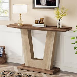 Turrella 41.34 in. Brown Rectangle Wood Console Table Farmhouse Entryway Table with Geometric Base for Entryway