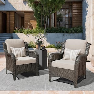 Ethereal Brown Wicker Outdoor Patio Stationary Lounge Chair with Beige Cushions