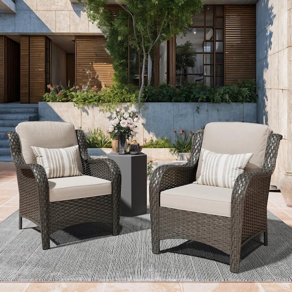 XIZZI Ethereal Brown Wicker Outdoor Patio Stationary Lounge Chair with Beige Cushions