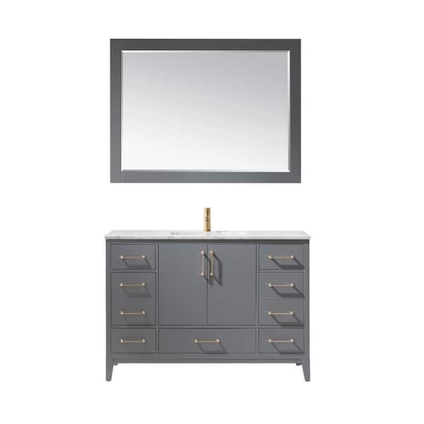 Altair Sutton 48 in. Single Bathroom Vanity Set in Gray and Carrara White Marble Countertop with Mirror
