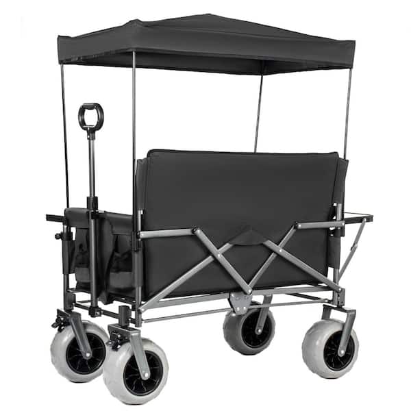 3-in-1 Black Folding Wagon Cart 500lbs with Canopy, Bench Seat and Table, All-Terrain Wheels for Beach Camping Garden