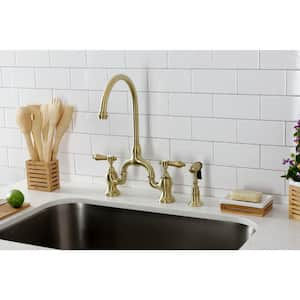 Heirloom Double-Handle Deck Mount Bridge Kitchen Faucet with Brass Sprayer in Brushed Brass