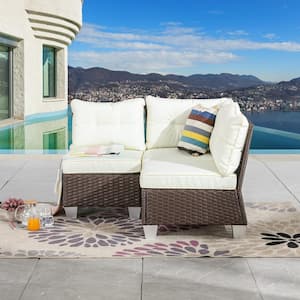 3-Piece Wicker Outdoor Sectional with Beige Cushion