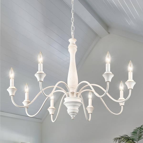8-Light Distressed White Classic Linear Candle Style Chandelier with no bulbs included