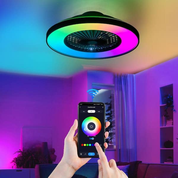 23.2 in. Indoor Black and White Ceiling Fan Light with LED RGB-Dimmable and Color-Changing, APP & Remote Control, Smart