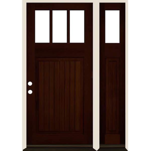 Krosswood Doors 36 in. x 80 in. Craftsman 3-LIte Clear Glass VG Red Mahogany Stain Right Hand Hemlock Wood Prehung Front Door w/RSL