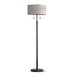 Grande 68 in. Dark Bronze 2-Lights Adjustable Height Standard Floor Lamp with Drum Tan Shade