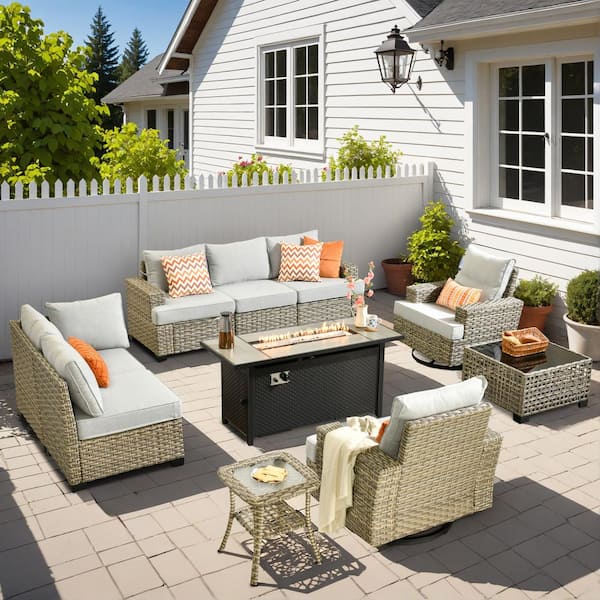 HOOOWOOO Kelleys 10-Piece Wicker Outdoor Patio Conversation Sofa Fire Pit Set with Swivel Chairs and Light Grey Cushions