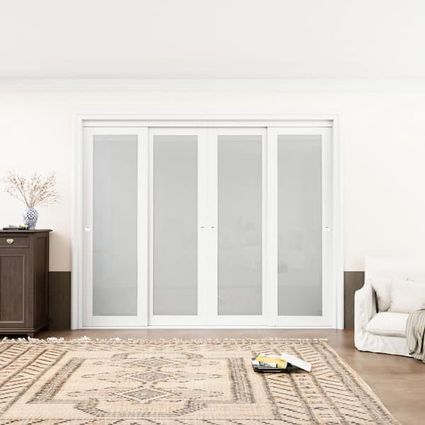 96 in. x 80 in. 1-Lite Tempered Frosted Glass White Finished Solid Core Interior Closet Sliding Door with Hardware