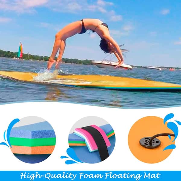 Unbranded WY-23 15 ft. x 6 ft. Orange Vinyl 3-Layer Floating Water Mat Foam Pad with Storage Straps for Adults Outdoor Water Activities - 2