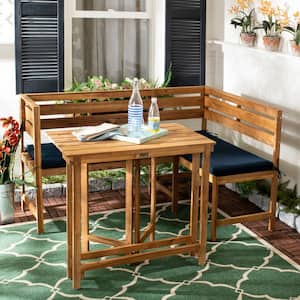 Wilton Natural Brown 2-Piece Wood Outdoor Bistro Set with Navy Cushions