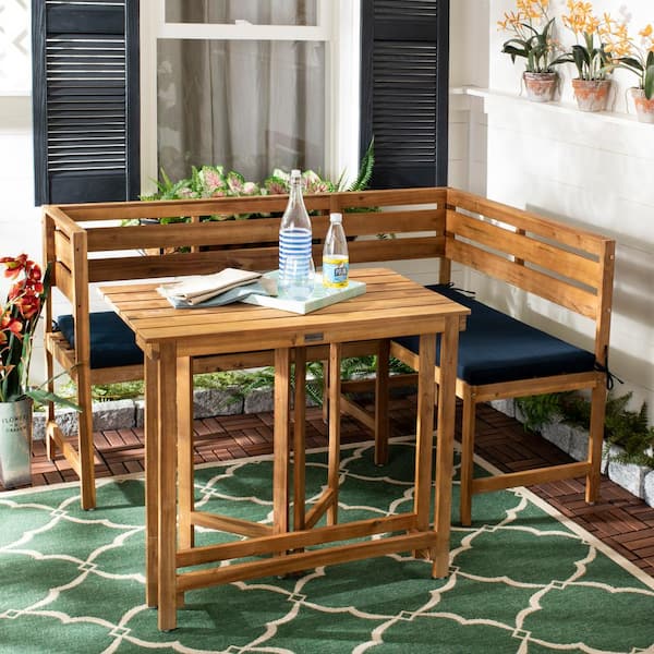 Wilton Natural Brown 2-Piece Wood Outdoor Bistro Set with Navy Cushions
