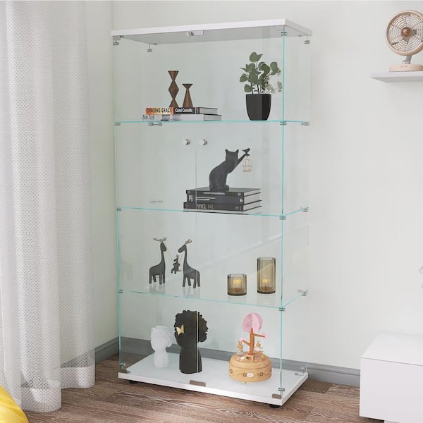 2-Door White 14.37 in. Glass Display Cabinet with 4 Shelves, Floor-Standing Curio Bookshelf for Home and Office