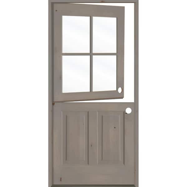 Krosswood Doors 32 in. x 80 in. Farmhouse Knotty Alder Left-Hand/Inswing 4-Lite Clear Glass Grey Stain Dutch Wood Prehung Front Door
