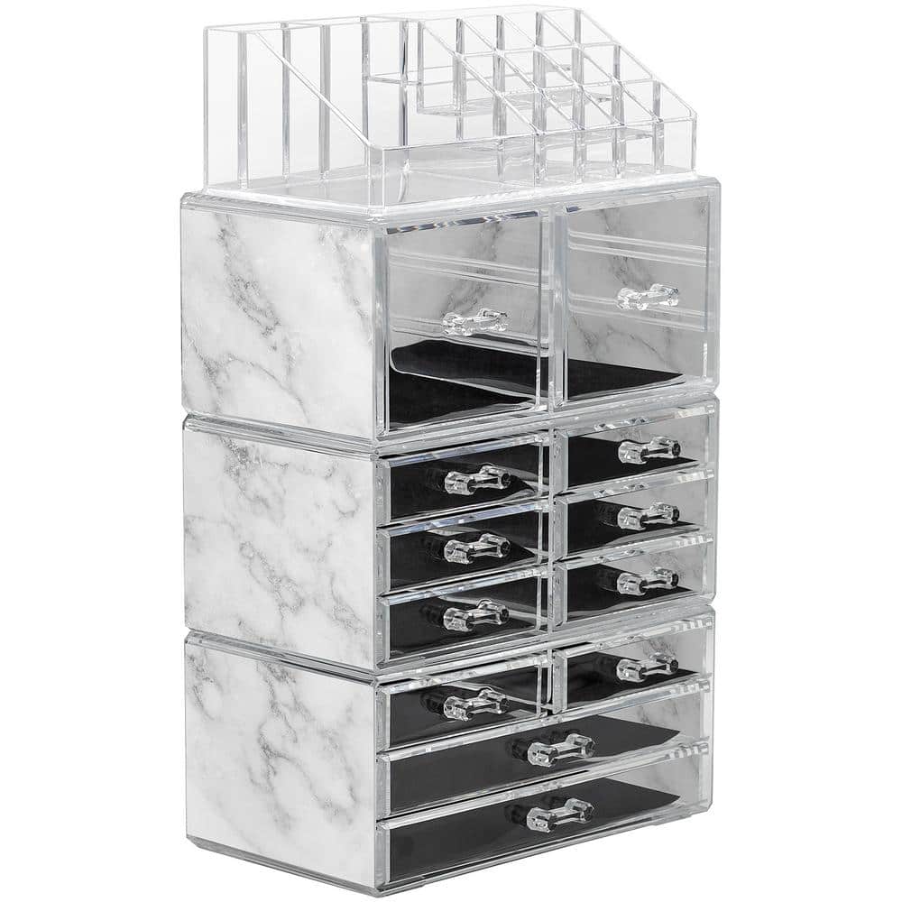 Marble and Clear Acrylic 12-Drawer Makeup Organizer Tower