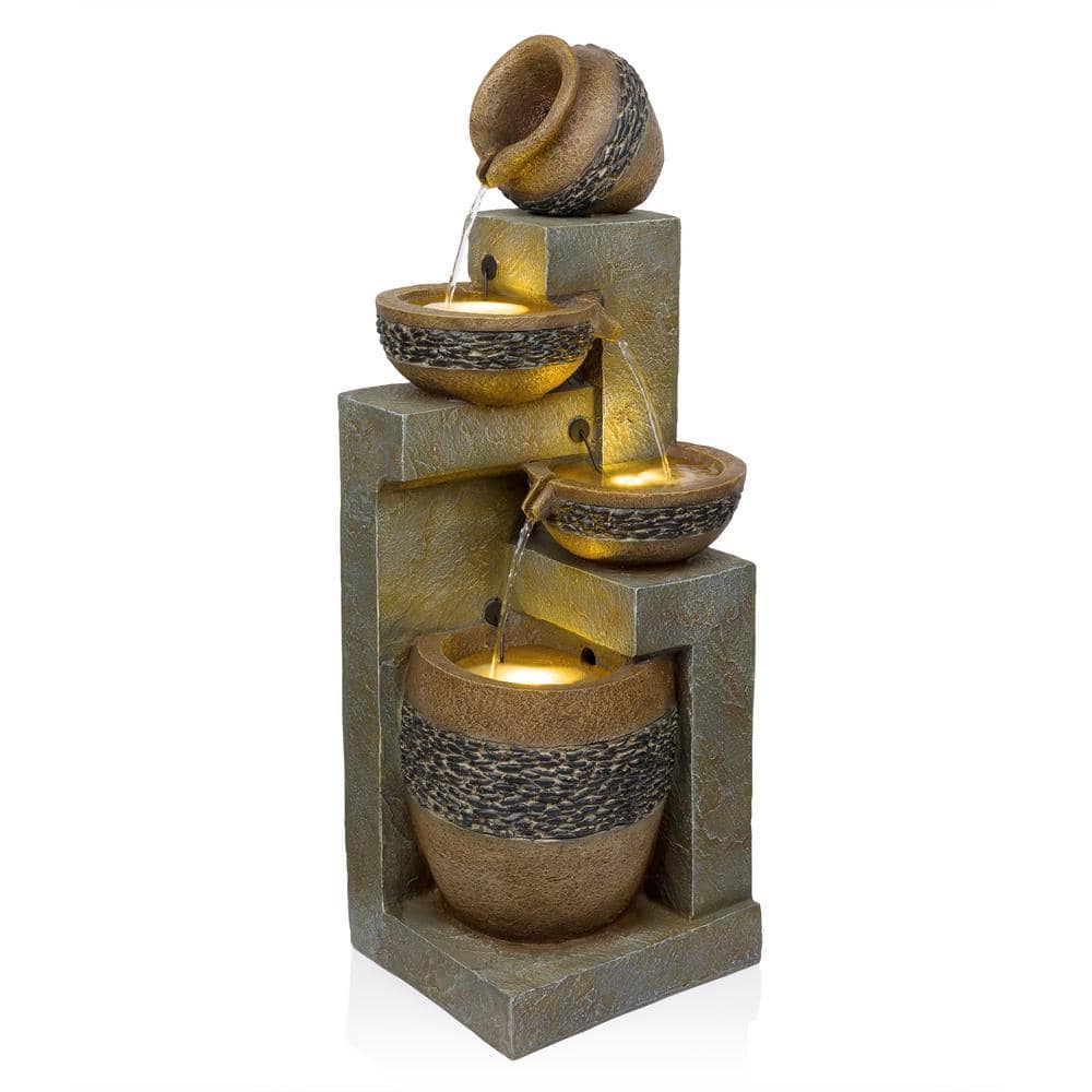 4-Tier Pots with Stones Fountain with LED Lights