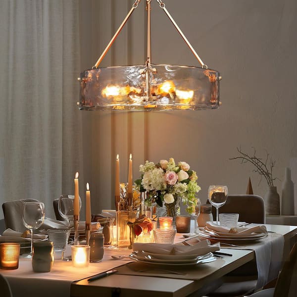 Glacera 4-Light Modern Gold Drum Light Chandelier, 19.5 in. Medium Kitchen Island Pendant Light with Open Textured Glass