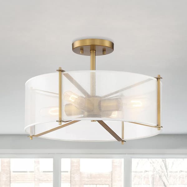 Designers Fountain Daybreak 17.75 in. 4-Light Old Satin Brass Modern Entryway Semi-Flush Mount with Organza Fabric Shade