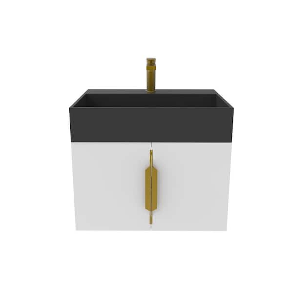 castellousa Maranon 24 in. W. x 18.9 in. D x 19.25 in. H Single Sink Bath Vanity in White with Gold Trim with Black Top
