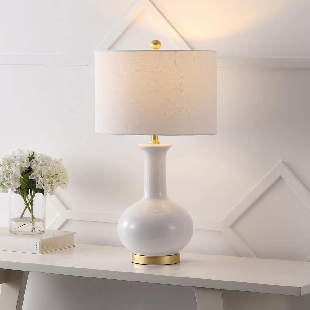 JONATHAN Y Brussels 27 in. White/Brass Ceramic/Metal LED Table